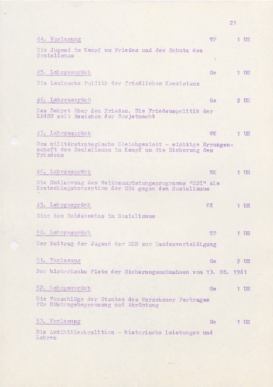 Dokument zum Lehrprogramm der FDJ-Schule Wilhelm Pieck am Bogensee zum Ende der DDR