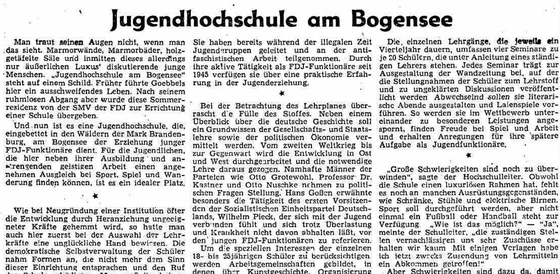 Zeitungsartikel über Jugendhochschule am Bogensee