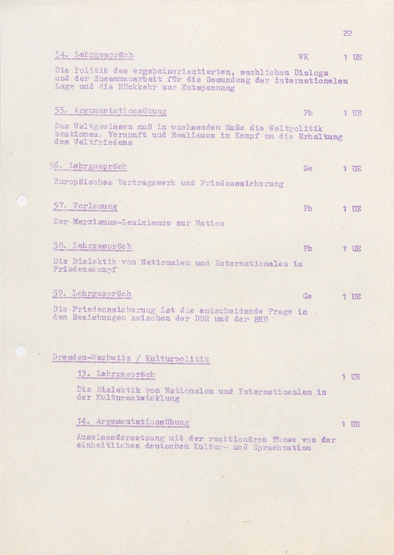 Dokument zum Lehrprogramm der FDJ-Schule Wilhelm Pieck am Bogensee zum Ende der DDR