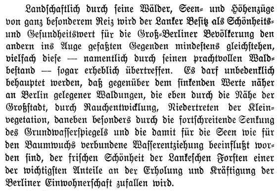 Text in Frakturschrift: Landwirtschaftlich durch seine Wälder, Seen- und Höhenzüge von ganz besonderem Reiz wird der Lanker Besitz als Schönheits- und Gesundheitswert für die Groß-Berliner Bevölkerung den andern ins Auge gefaßten Gegenden mindestens